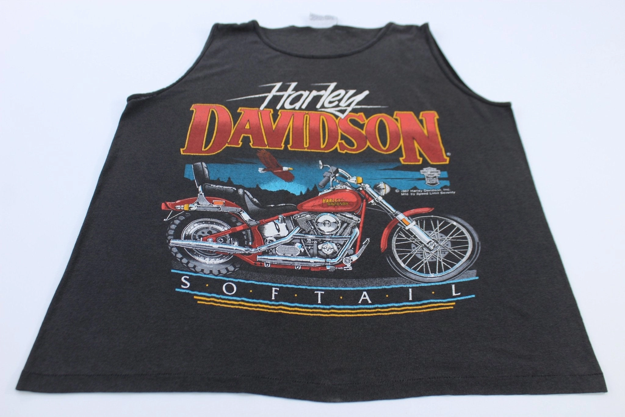 1987 Harley Davidson Motorcycles Softail Graphic Tank Top Non Restrictive Mobility Cut Non Restrictive Movement