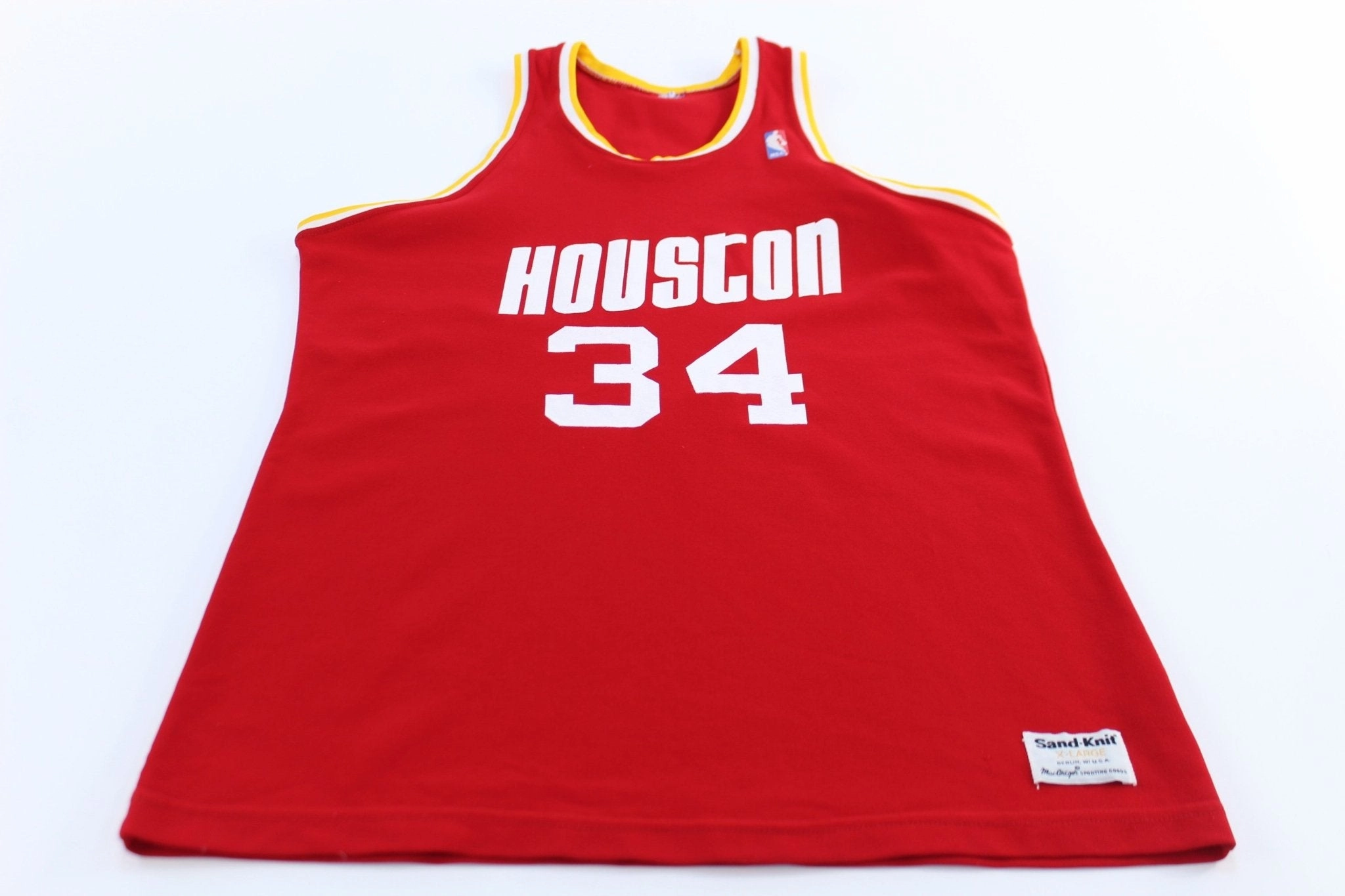 80's Sand Knit Houston Rockets Hakeem Olajuwon #34 Basketball Jersey Quick Access Side Vents Performance Apparel