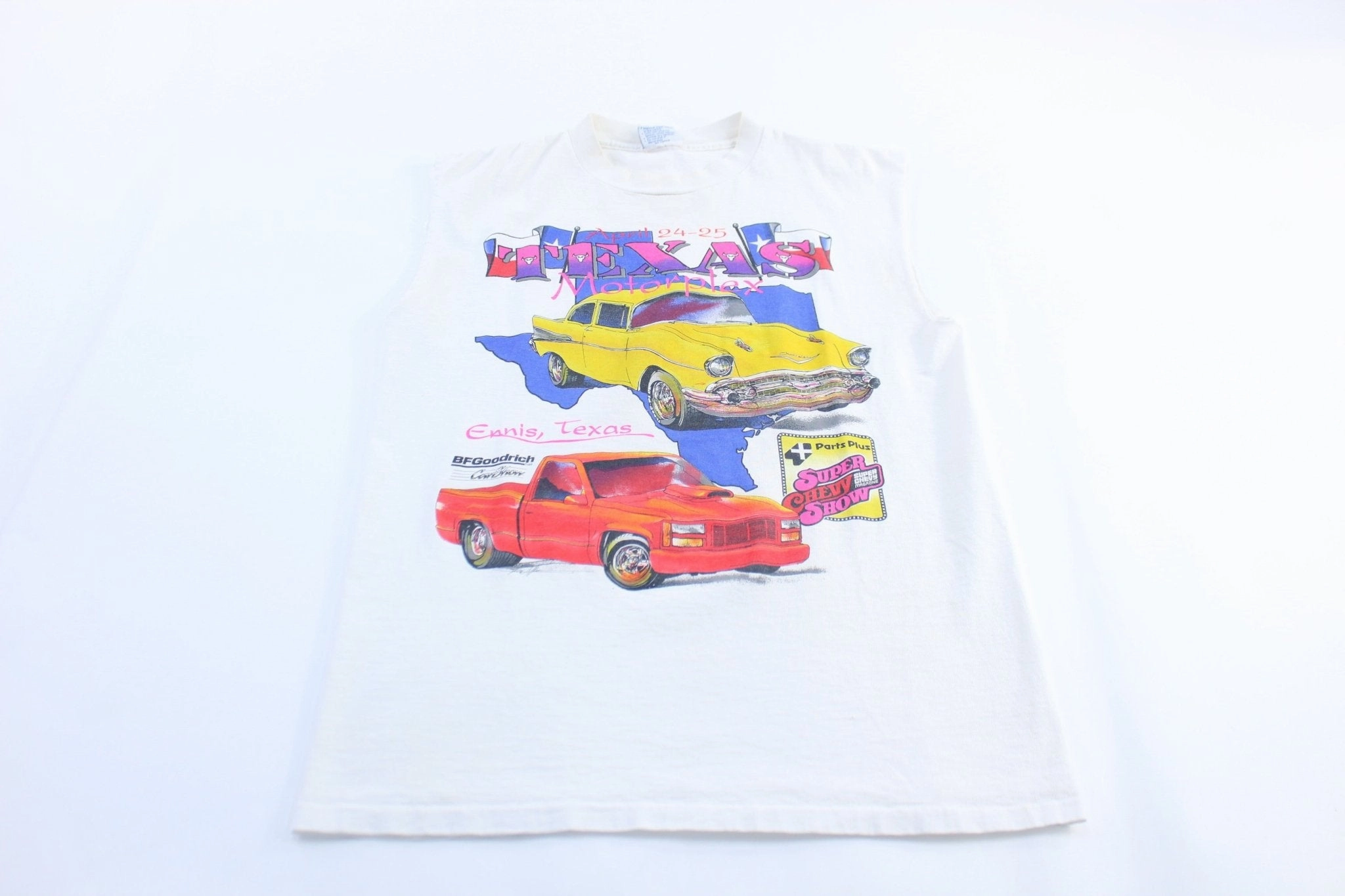 90's Texas Motorplex Super Chevy Show Graphic Tank Top Contrast Trim Details Energy Gear