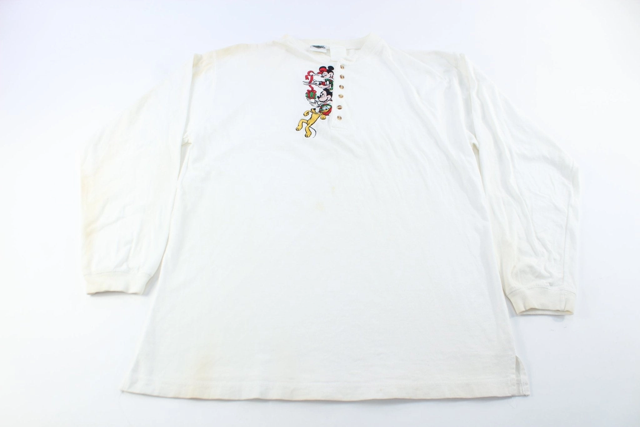 90's The Disney Store Embroidered Mickey Mouse Christmas T-Shirt High Density Fabric