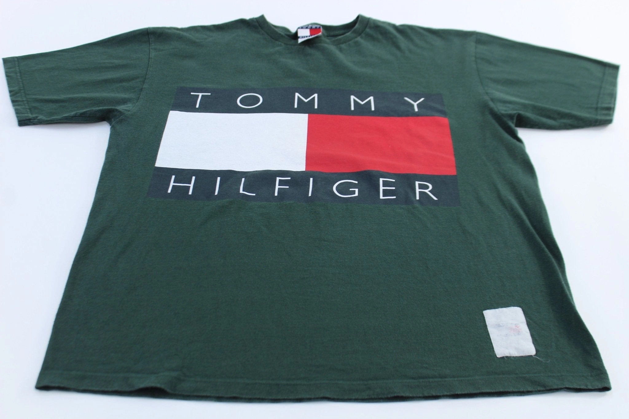90's Tommy Hilfiger USA Big Flag Green T-Shirt Ethically Sourced Material