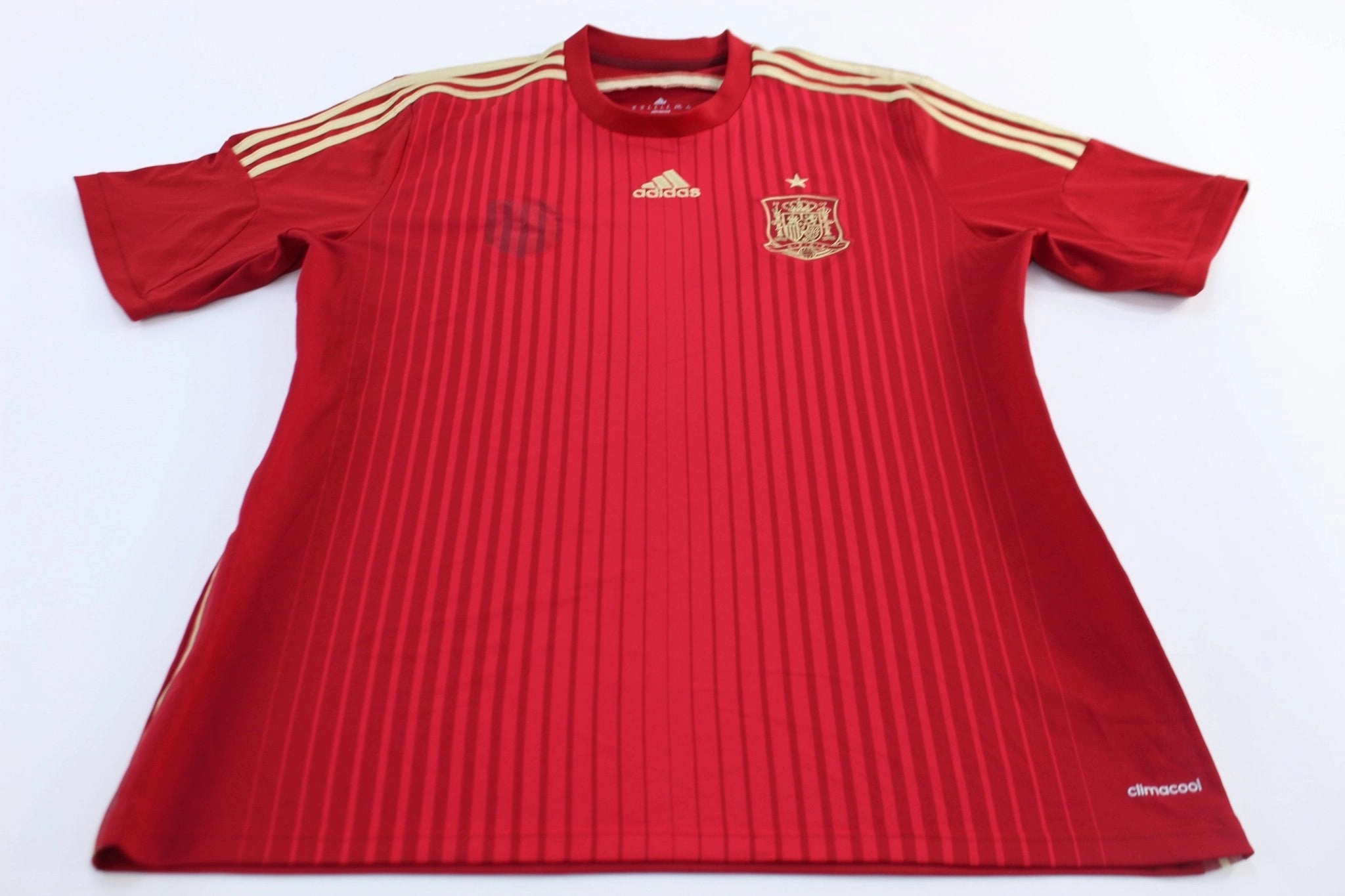 Flatlock Seam Technology Frictionless Inner Layer Adidas Embroidered Logo Spain Red & Gold Striped Soccer Jersey