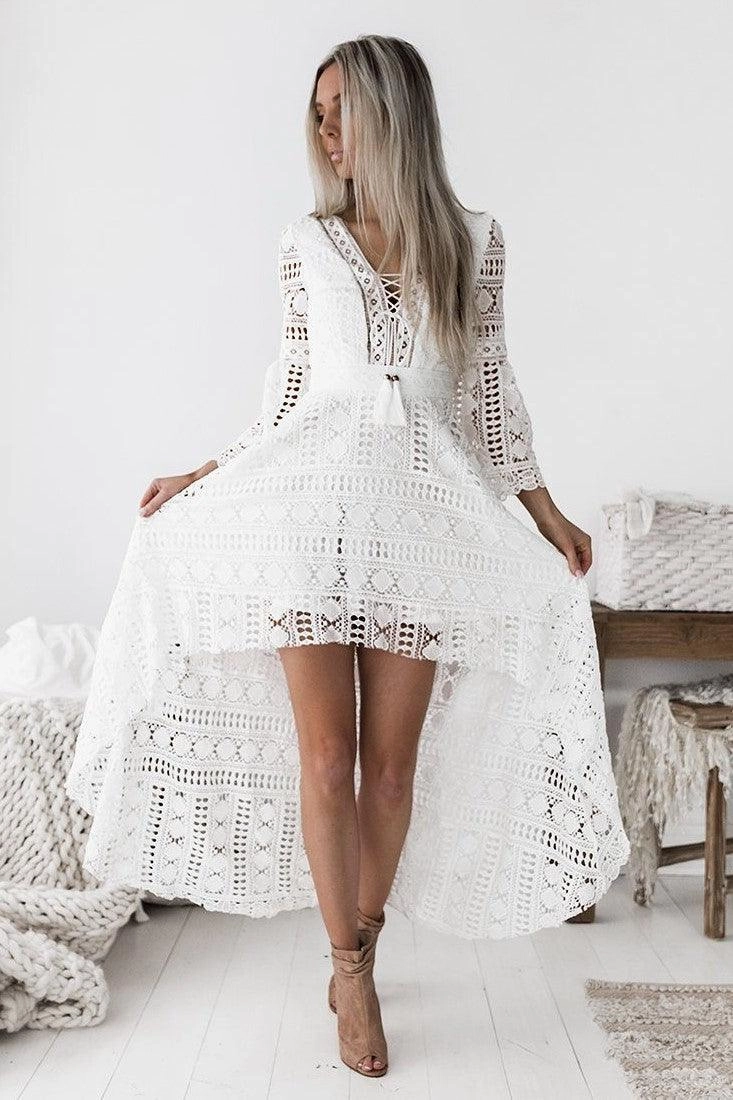 Boho High Low Dress - White Sleeve Light