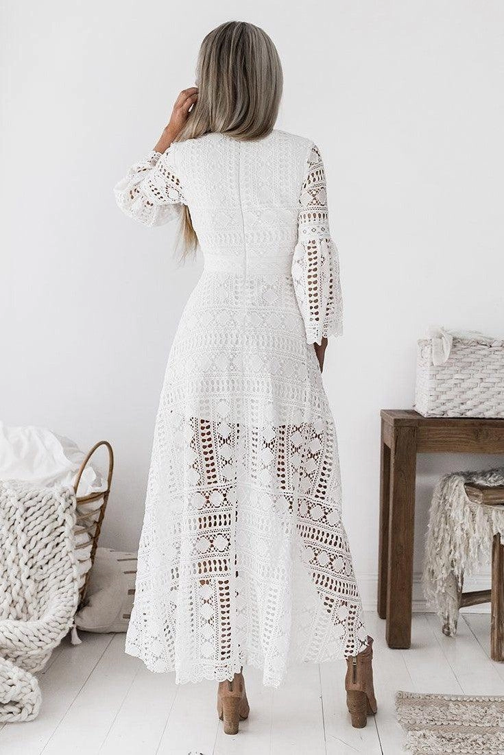 Boho High Low Dress - White Feminine off-the-shoulder gown