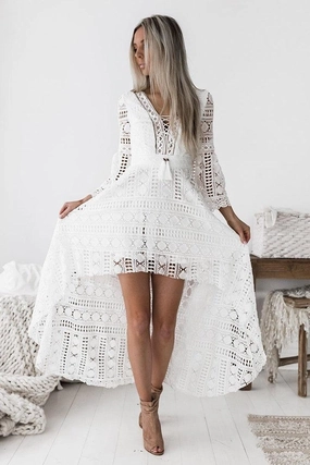 Boho High Low Dress - White Sleeve Light