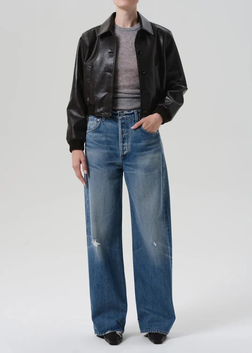 Lola Leather Bomber in Brown Noise Reducing Zippers Packable Layer