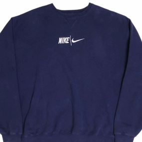 Chilly Weather fuzzy texture VINTAGE NIKE SPELLOUT SWOOSH NAVY BLUE SWEATSHIRT 1990S SIZE 2XL