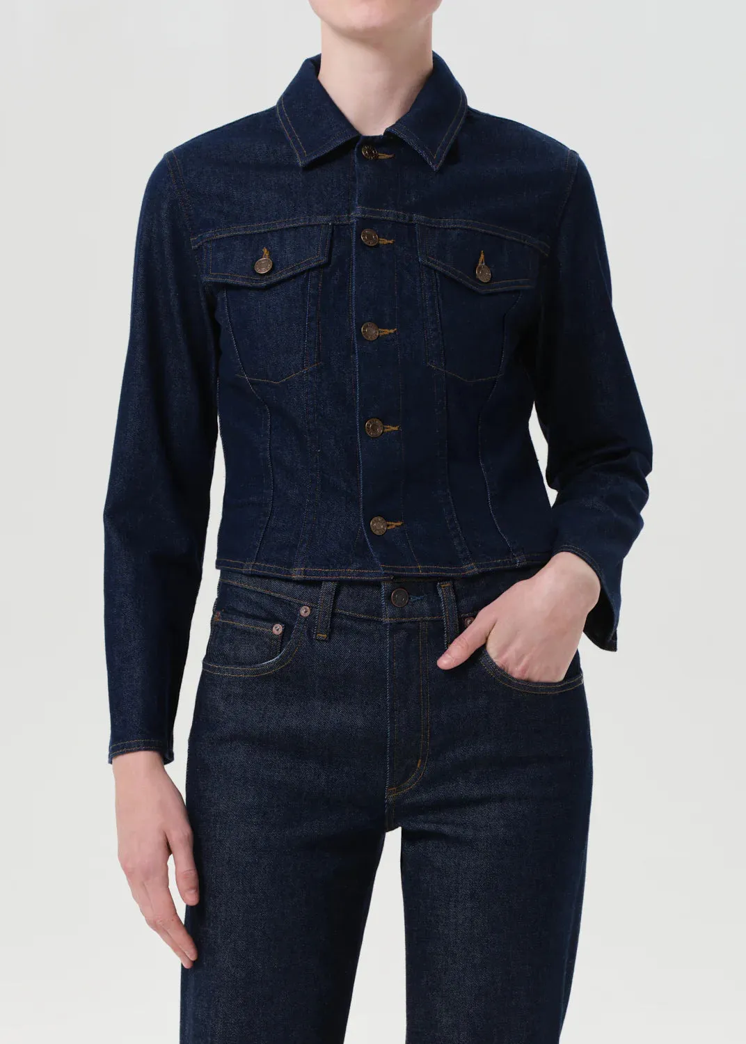 Contoured Jacket in Rinse Adjustable Drawstrings Full Length Front Zipper