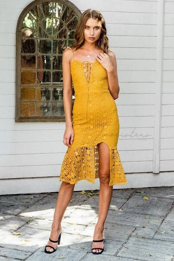 Kelsey Dress - Mustard Youthful Look Mixed Fabric