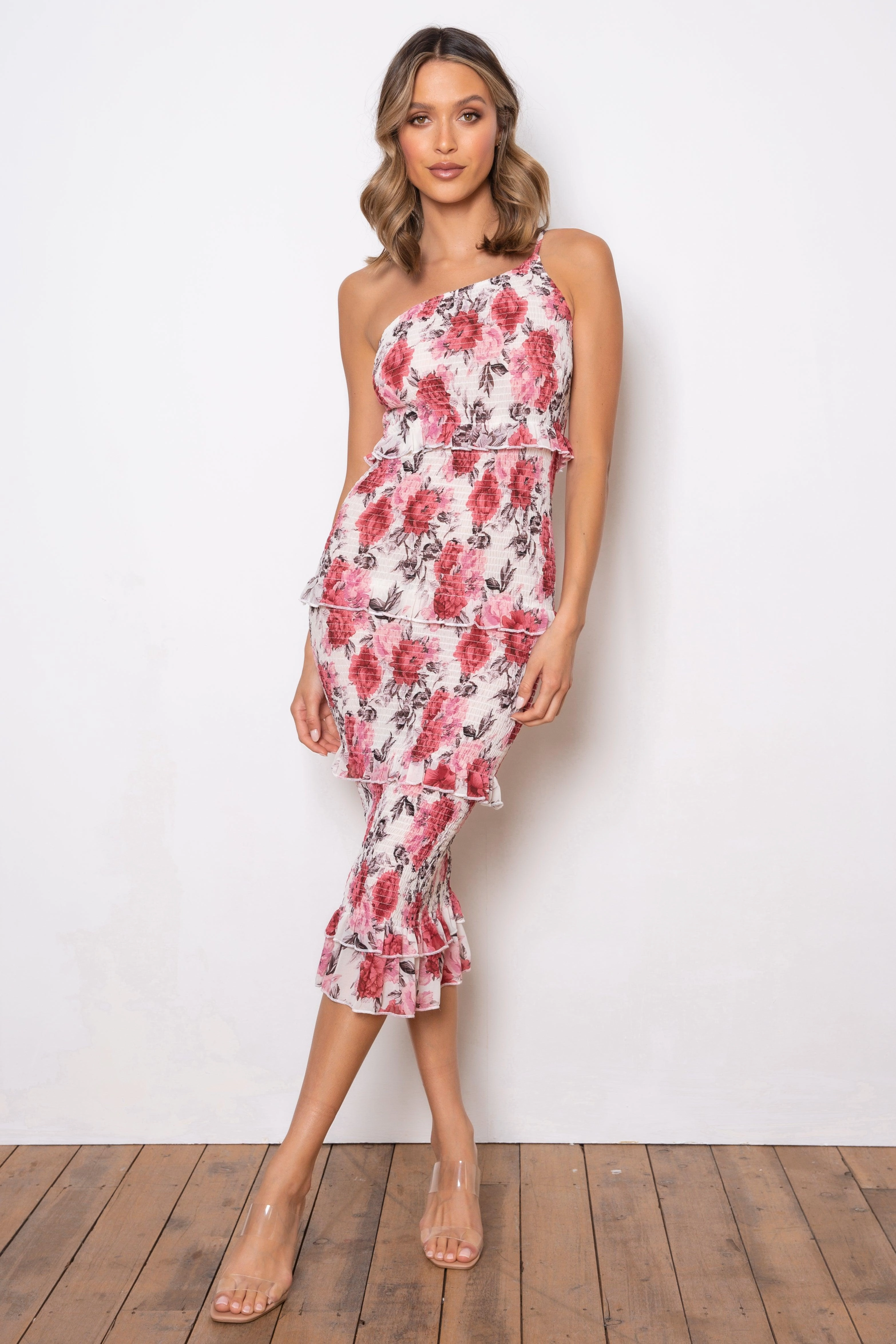 Summer-Season Cozy Comfort Dark Rose Dress - Cream Floral