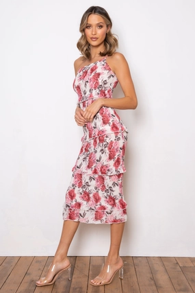 Dark Rose Dress - Cream Floral Satin-Sleeve ConvertibleNeckline