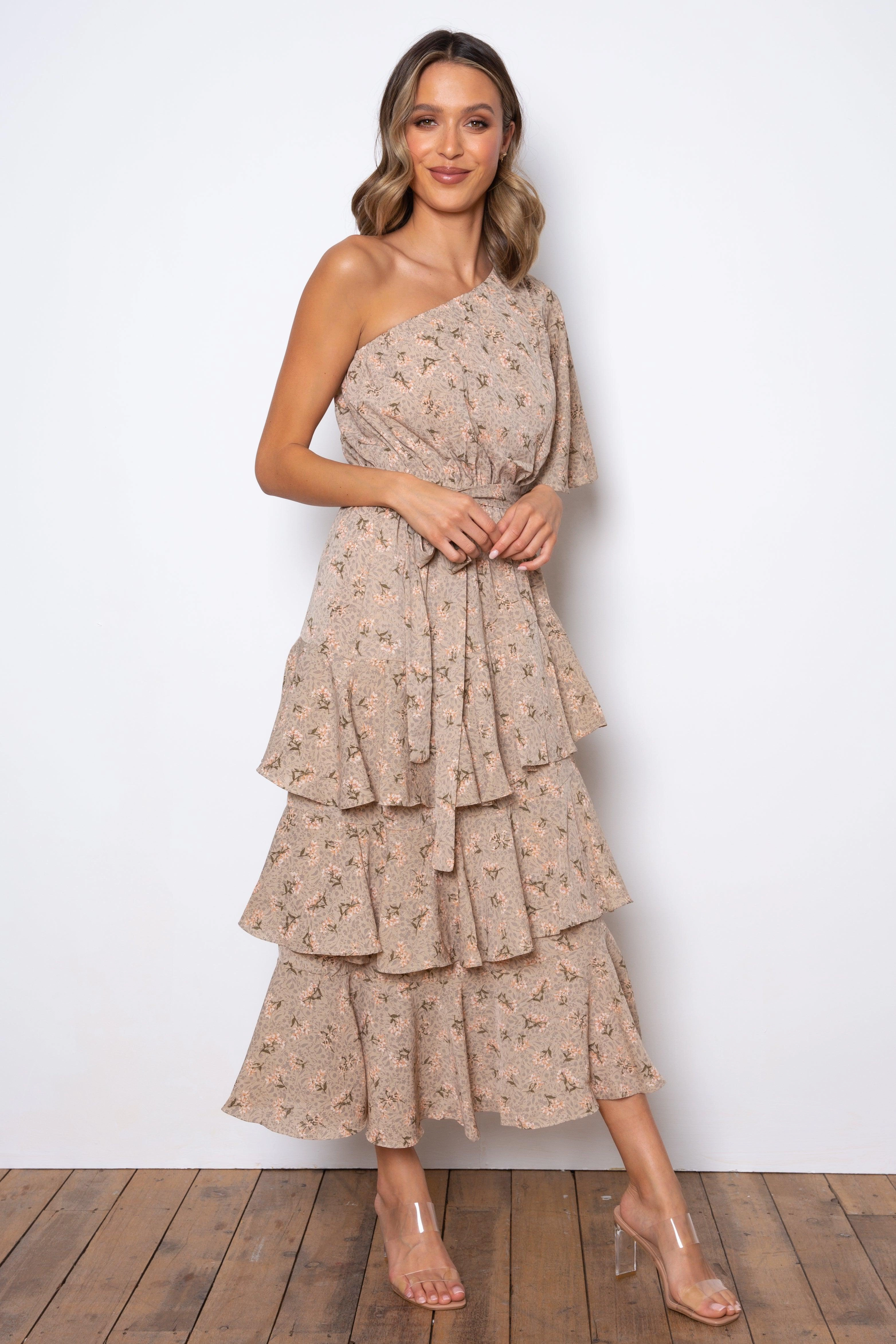 Atlantis Maxi Dress - Beige Delicate Edge Office Friendly