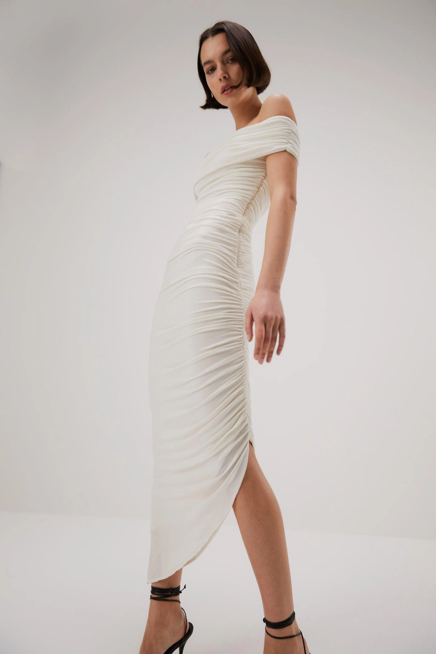 Misha Keoni Slinky Jersey Midi Dress - Ivory Silky Finish Asymmetric-Neck