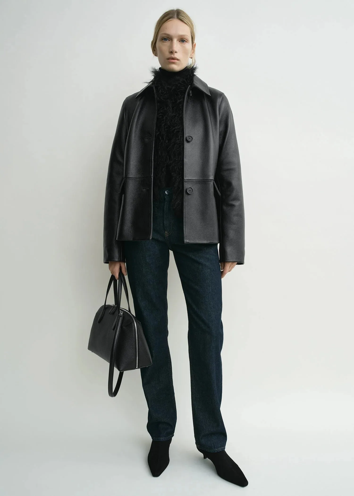 Functional Comfort office workers Grained Leather Jacket in Black