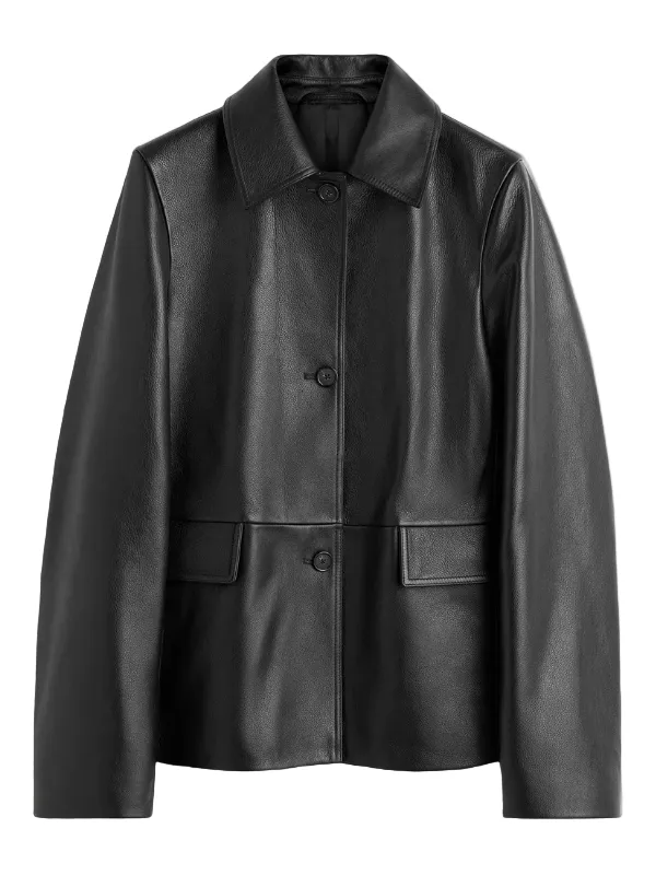 Grained Leather Jacket in Black Emblem Chilly Weather Wear