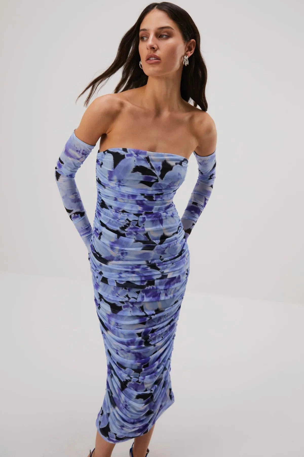 Misha Cosimo Mesh Dress With Gloves - Water Color Floral Event Glow Smooth Line