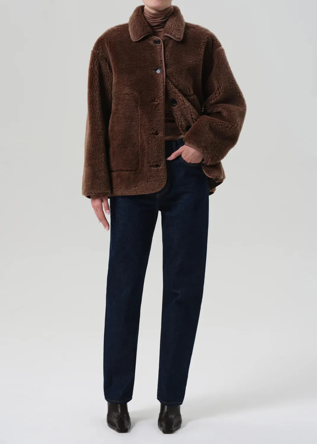High Neck Astrid Sherpa Jacket in Warm Tan