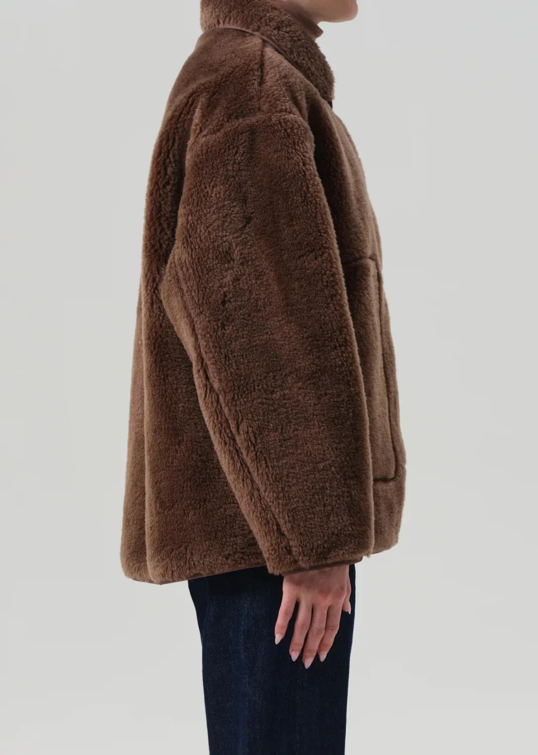 Astrid Sherpa Jacket in Warm Tan Minimalist Aesthetic Convertible Features