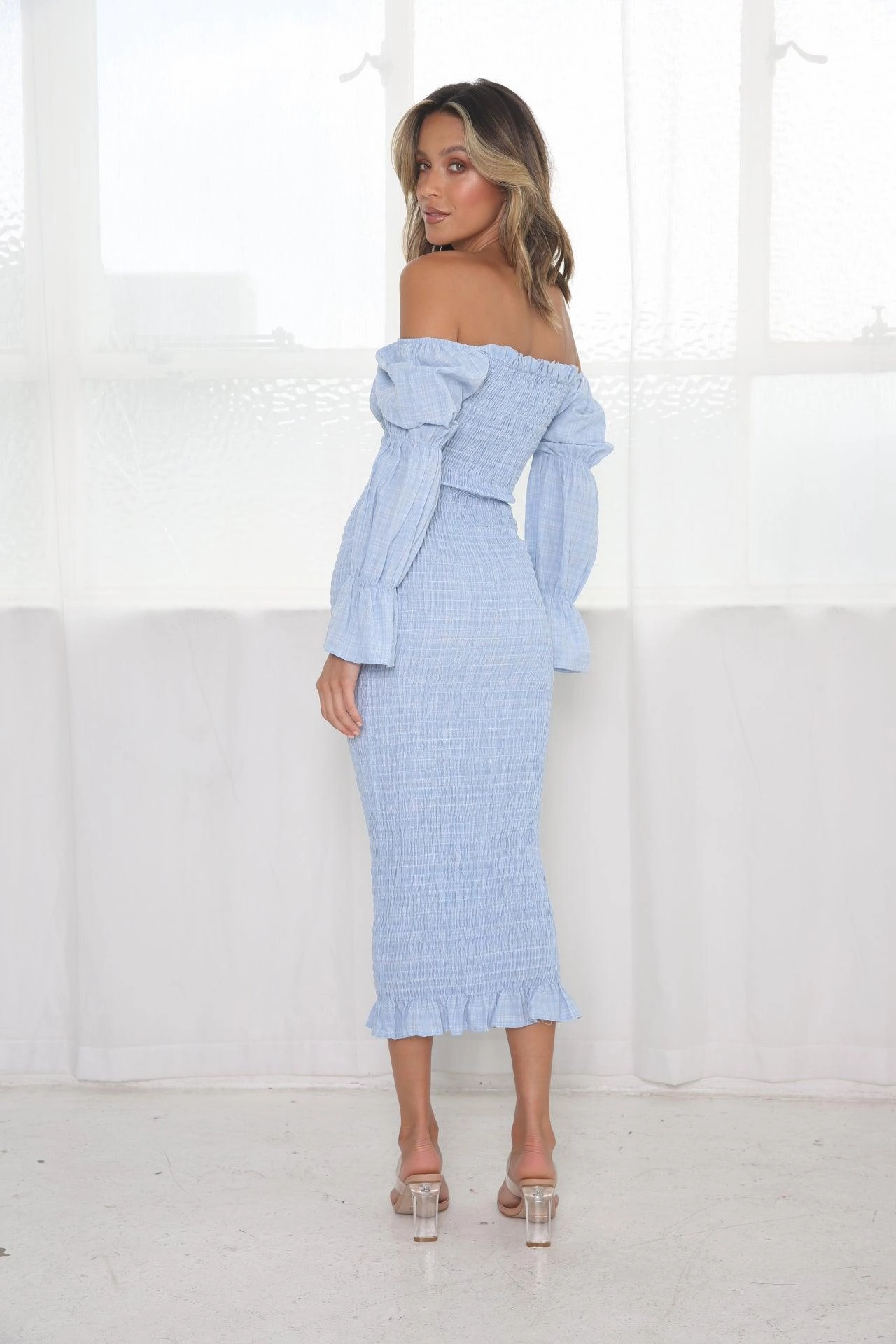 Grace Midi Dress - Baby Blue Morning Wear Flawless Waistband Fit
