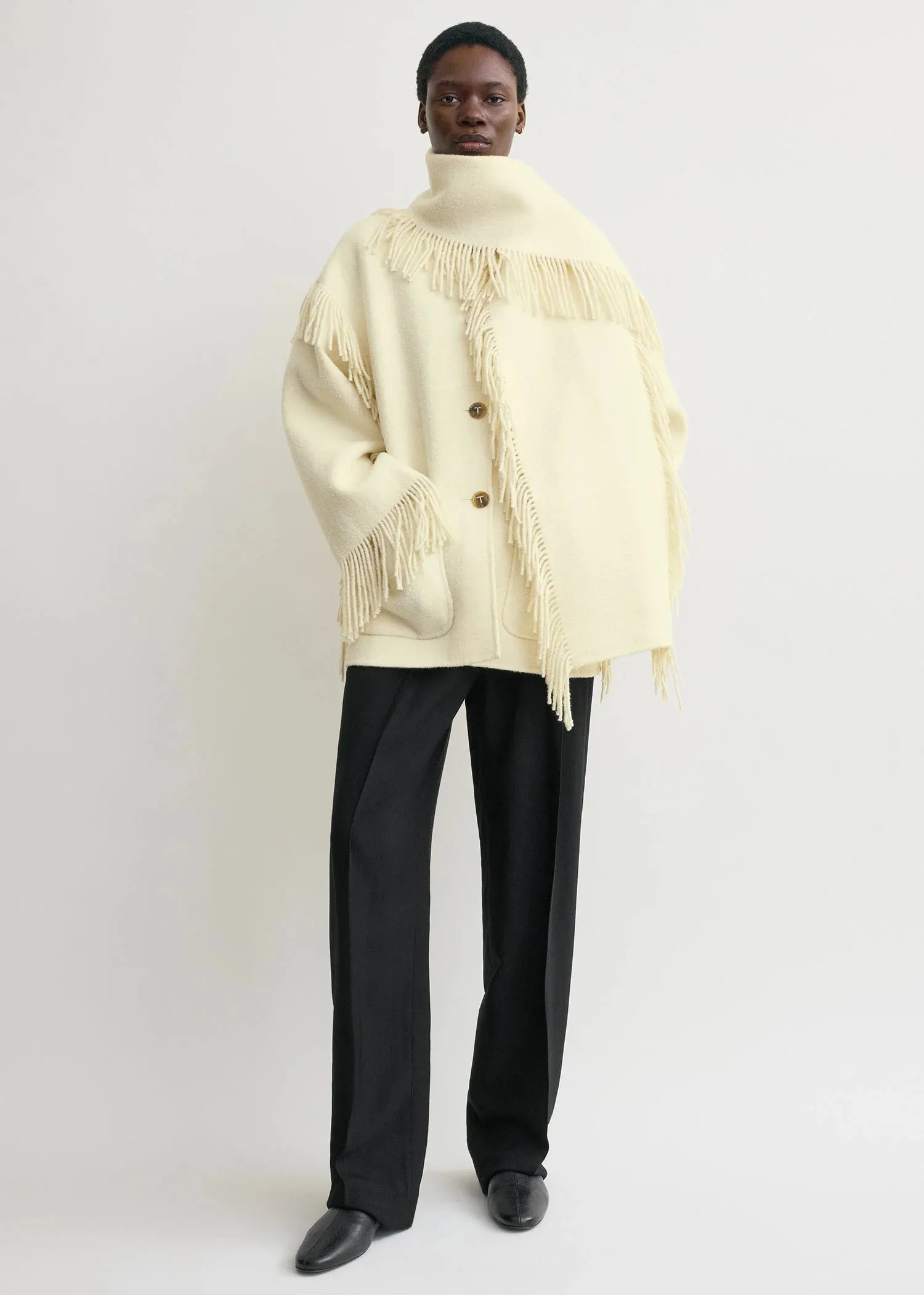Built For Cold City Edge Fringed Scarf Jacket in Winter White