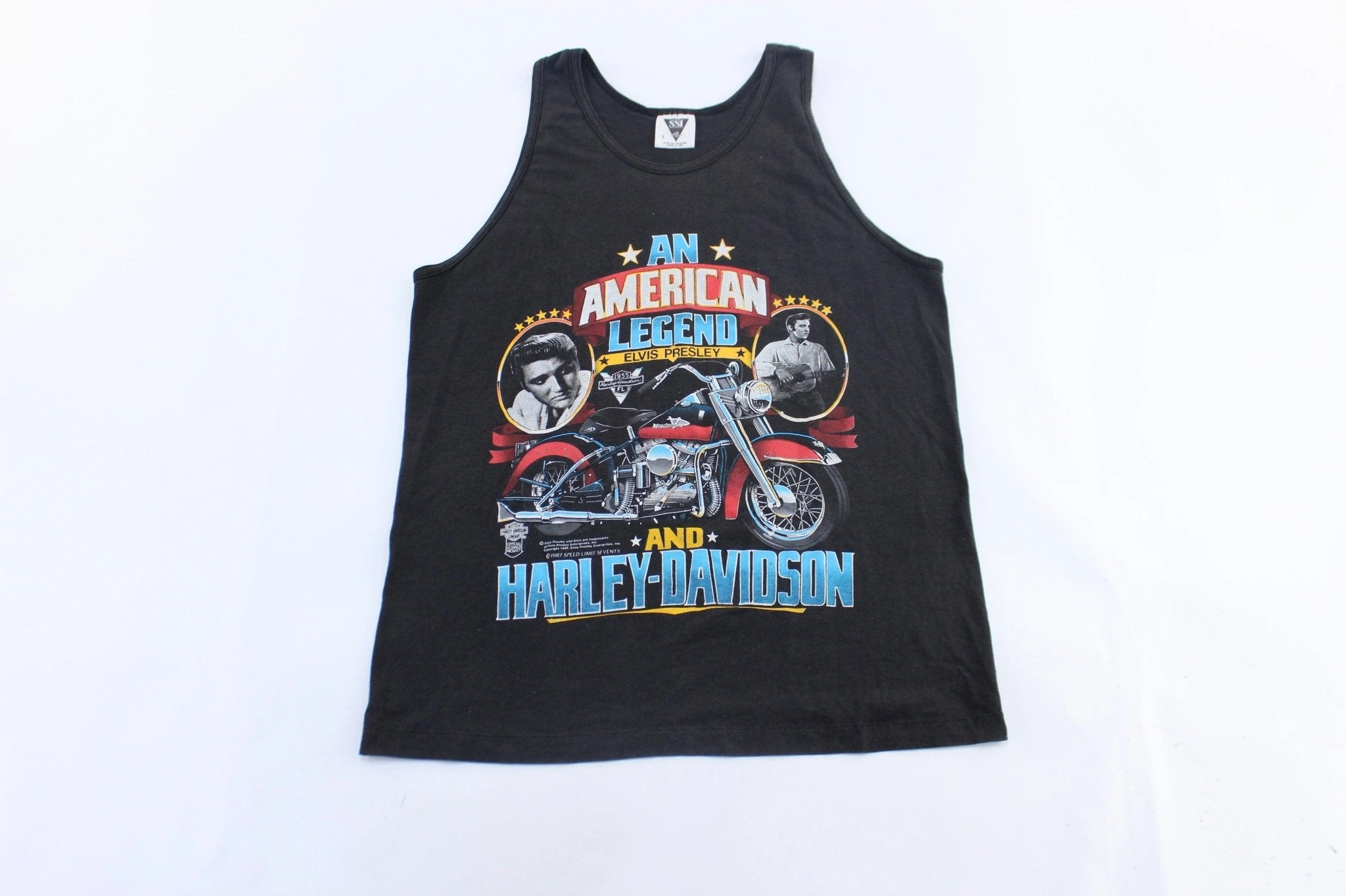 1987 Harley Davidson Motorcycles Elvis Presley Graphic Tank Top Moisture Management System No Slip Gripper Hem