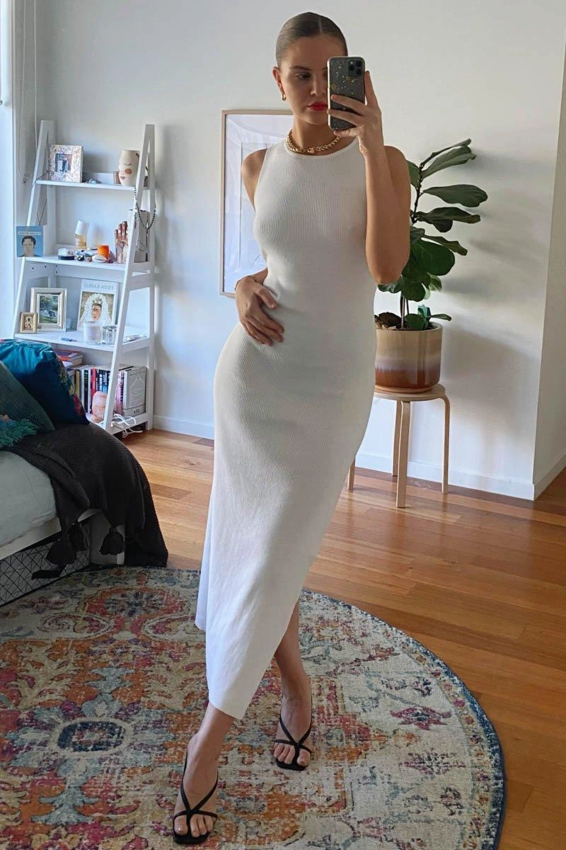 Mish Ribbed Maxi Dress - White Breathable Wearable