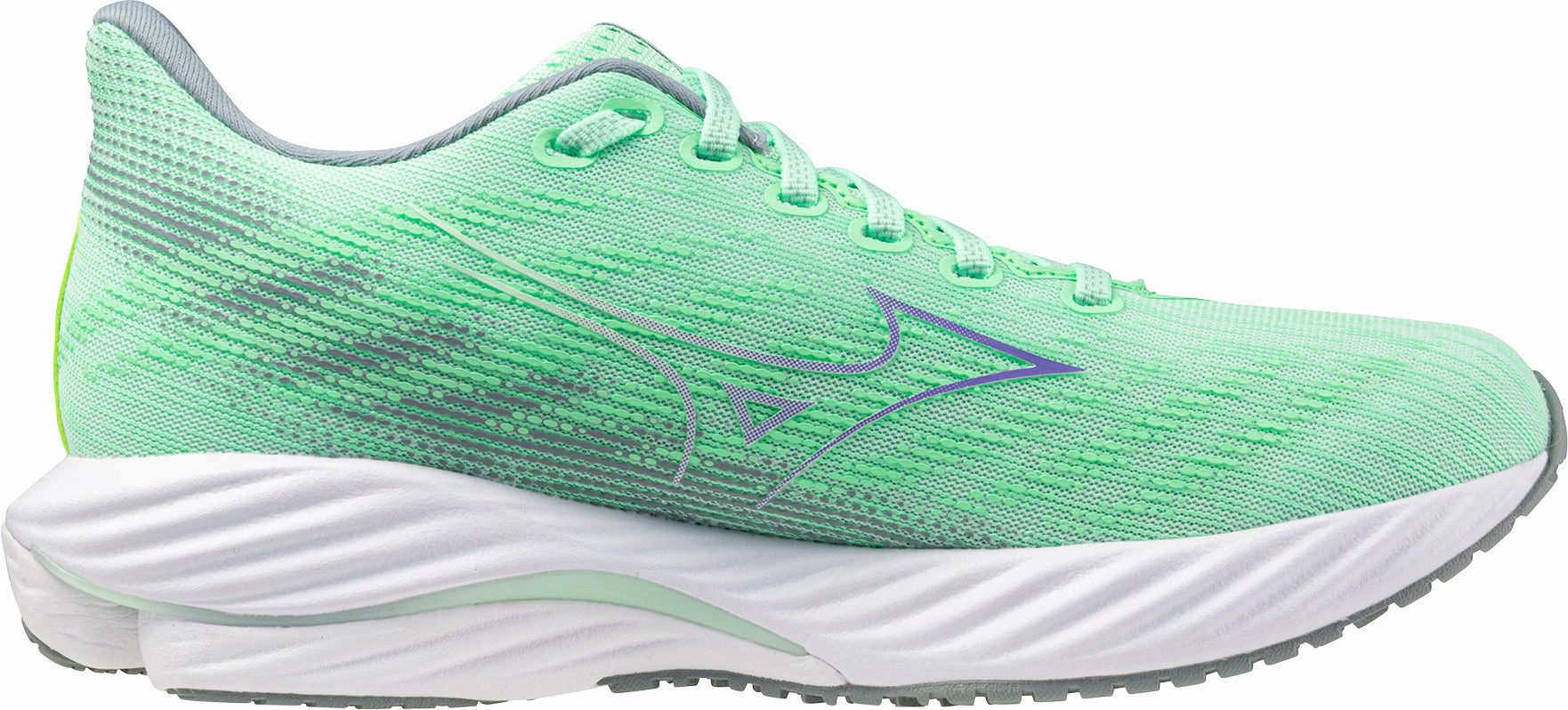 Mizuno Wave Rider 28 Womens Running Shoes - Green Youth model running in a lake area shoes
