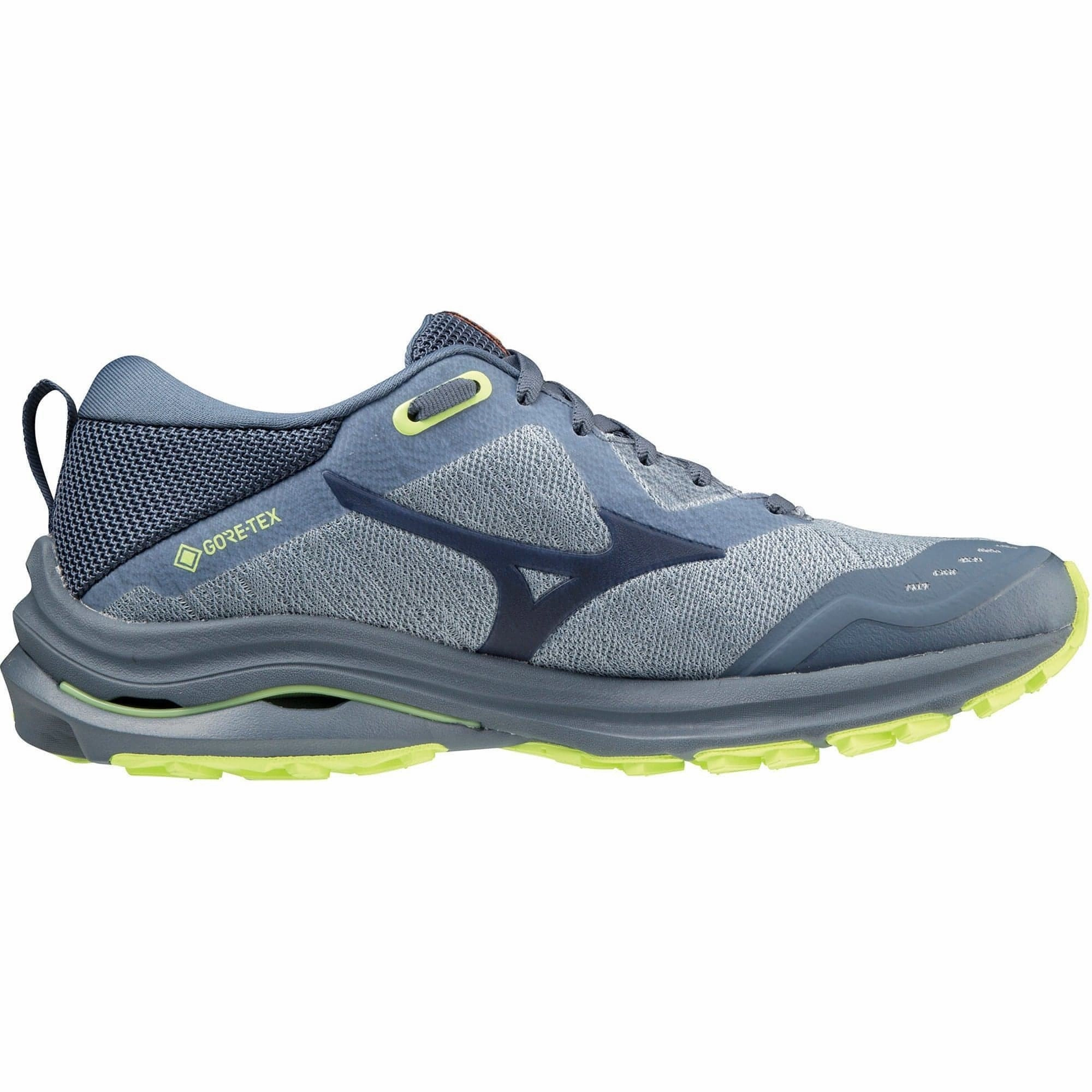 Mizuno Wave Rider GORE-TEX Womens Running Shoes - Blue High Traction Pattern Unidirectional Flex Lines