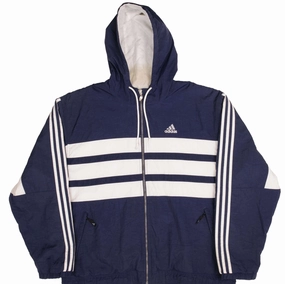 Likelihood Negotiate VINTAGE ADIDAS NAVY BLUE NYLON WINDBREAKER HOODED JACKET 1990S SIZE LARGE