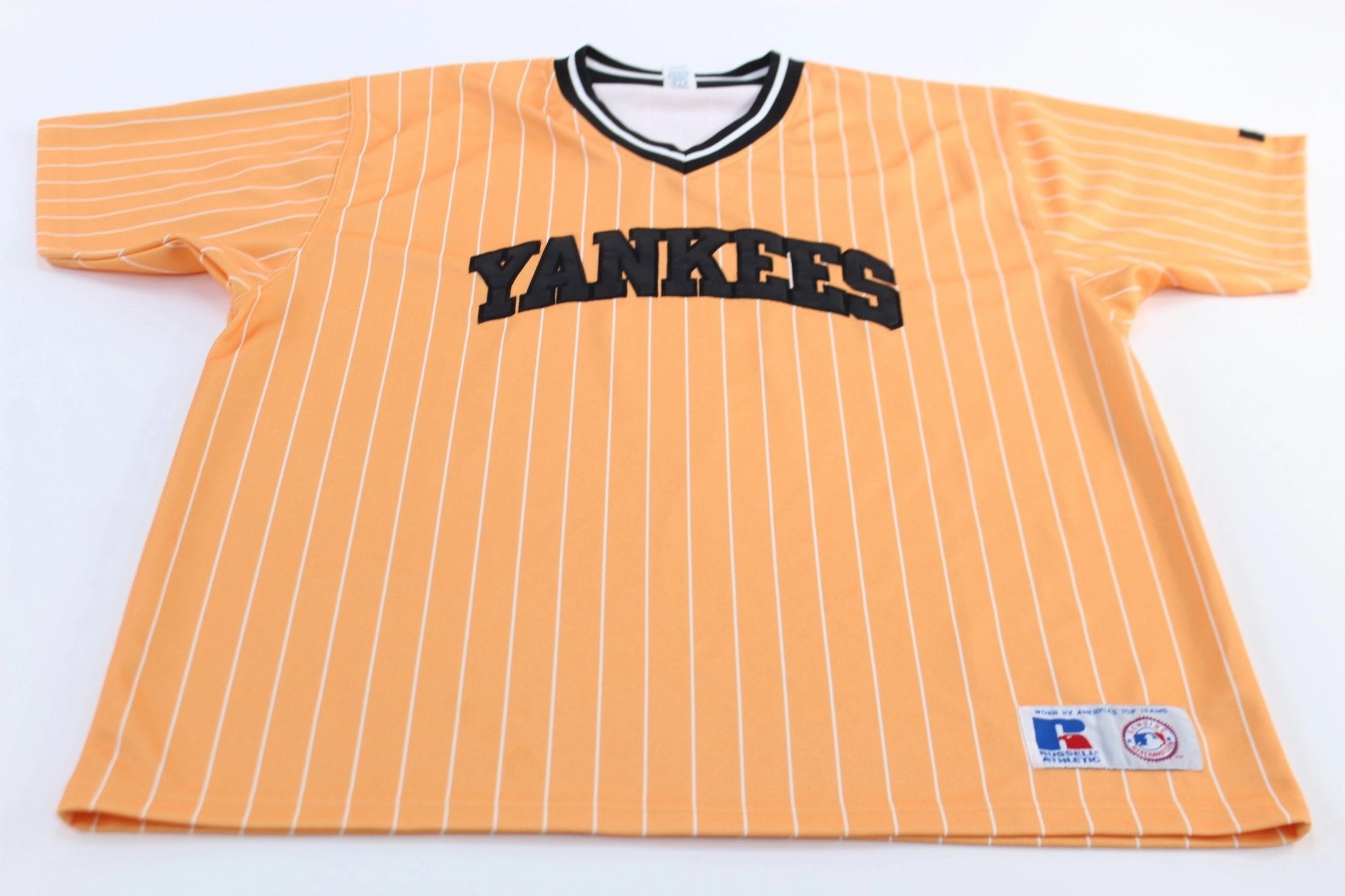 Multi Directional Flex Quick Dry Material New York Yankees Orange Striped Russell Athletic Baseball Jersey