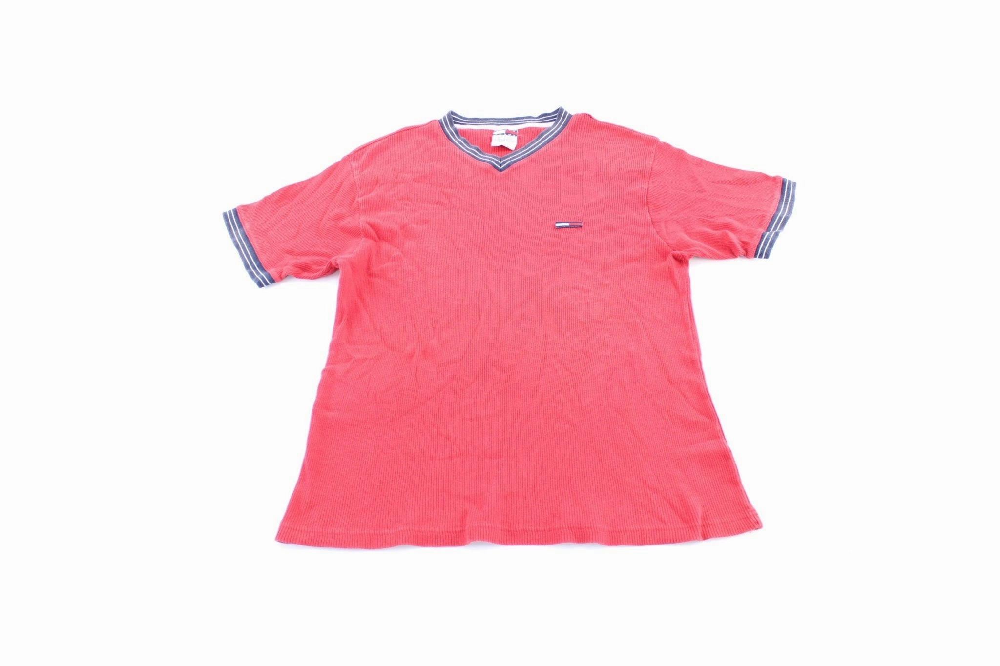 Tommy Hilfiger Embroidered Logo Red V-Neck T-Shirt Soft Wearable High-Quality Fabric