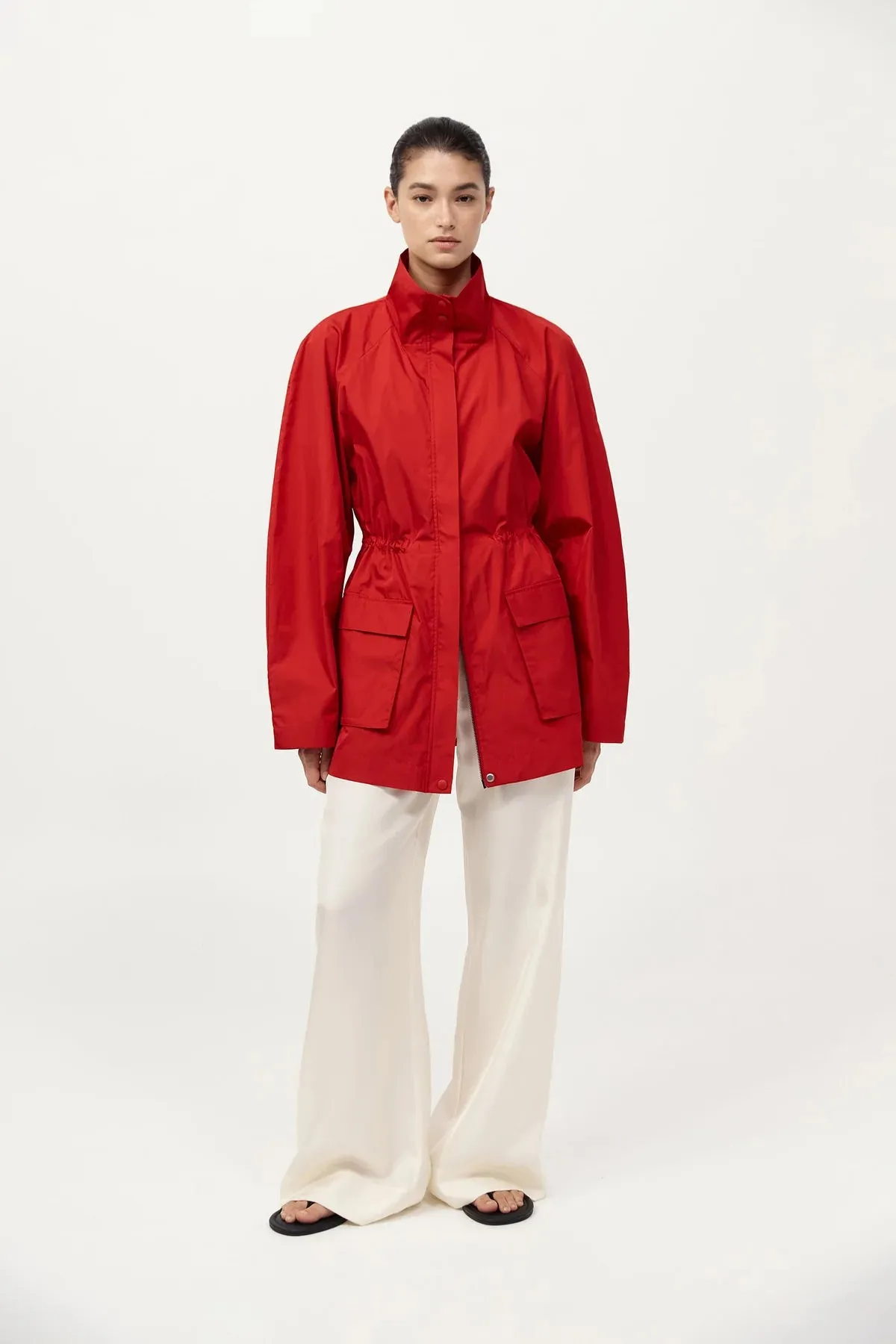 Paper Taffeta Parka in Red campfire Office Look