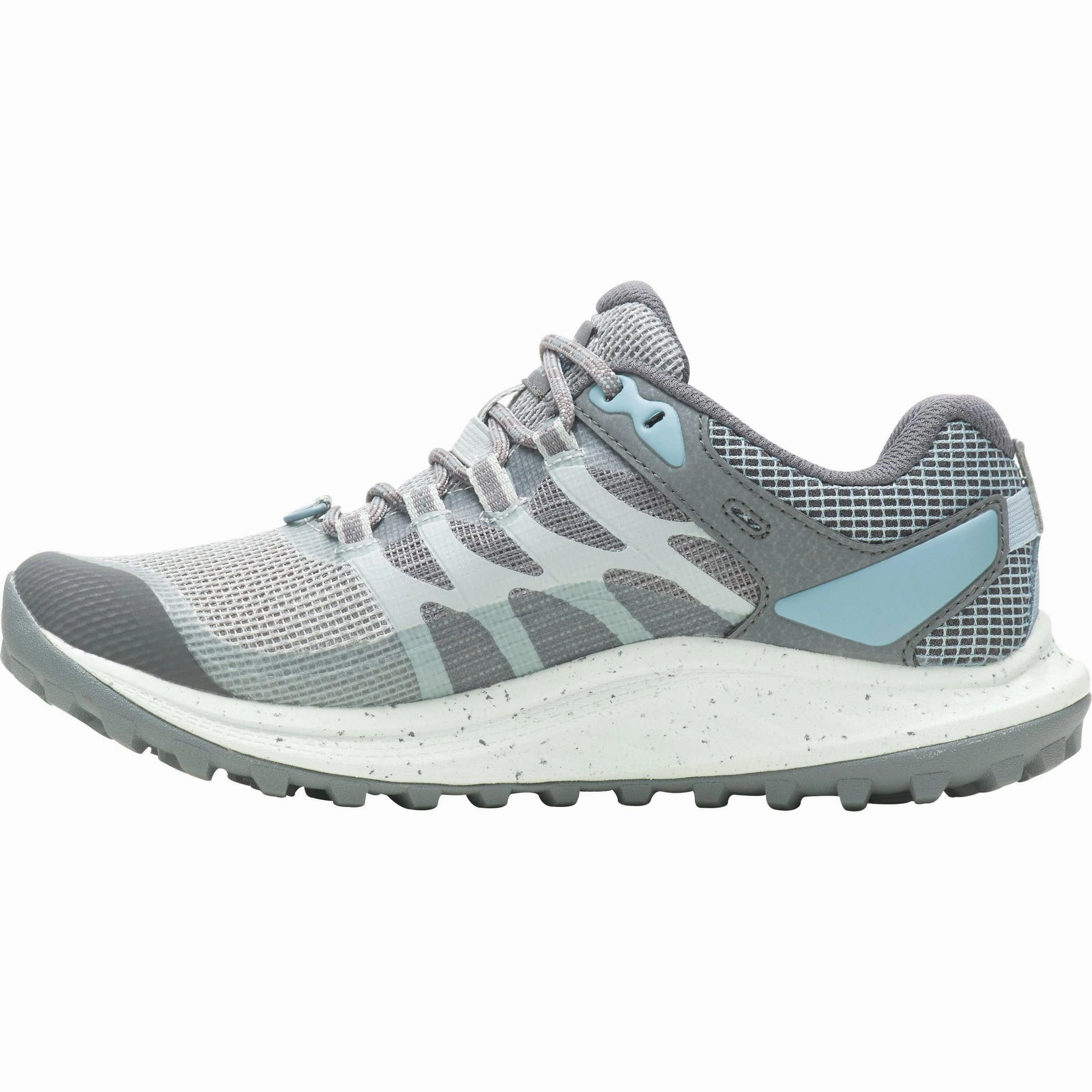 Merrell Antora 3 GORE-TEX Womens Trail Running Shoes - Blue running during a foggy day Blister Prevention Liner