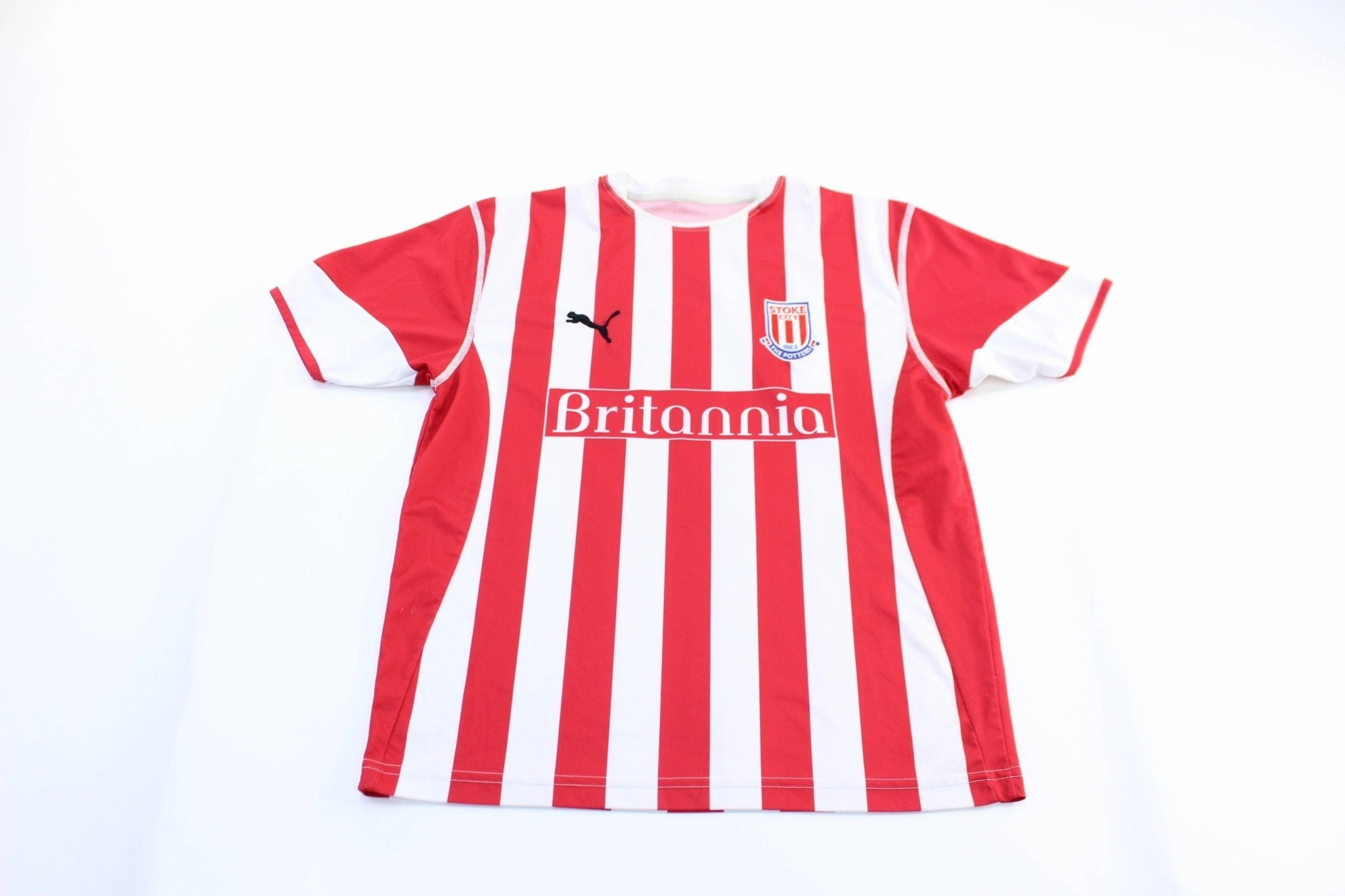 Friction Free Hemline Design Non Irritating Seamless Edges Puma Embroidered Logo Stoke City Striped Soccer Jersey