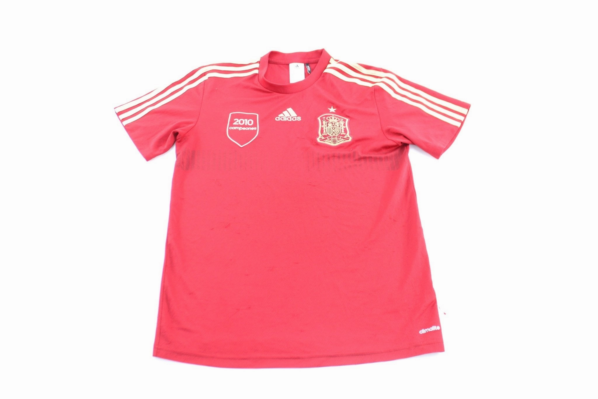 Adidas Embroidered Logo Spain Red & Gold Striped Soccer Jersey Core Comfort