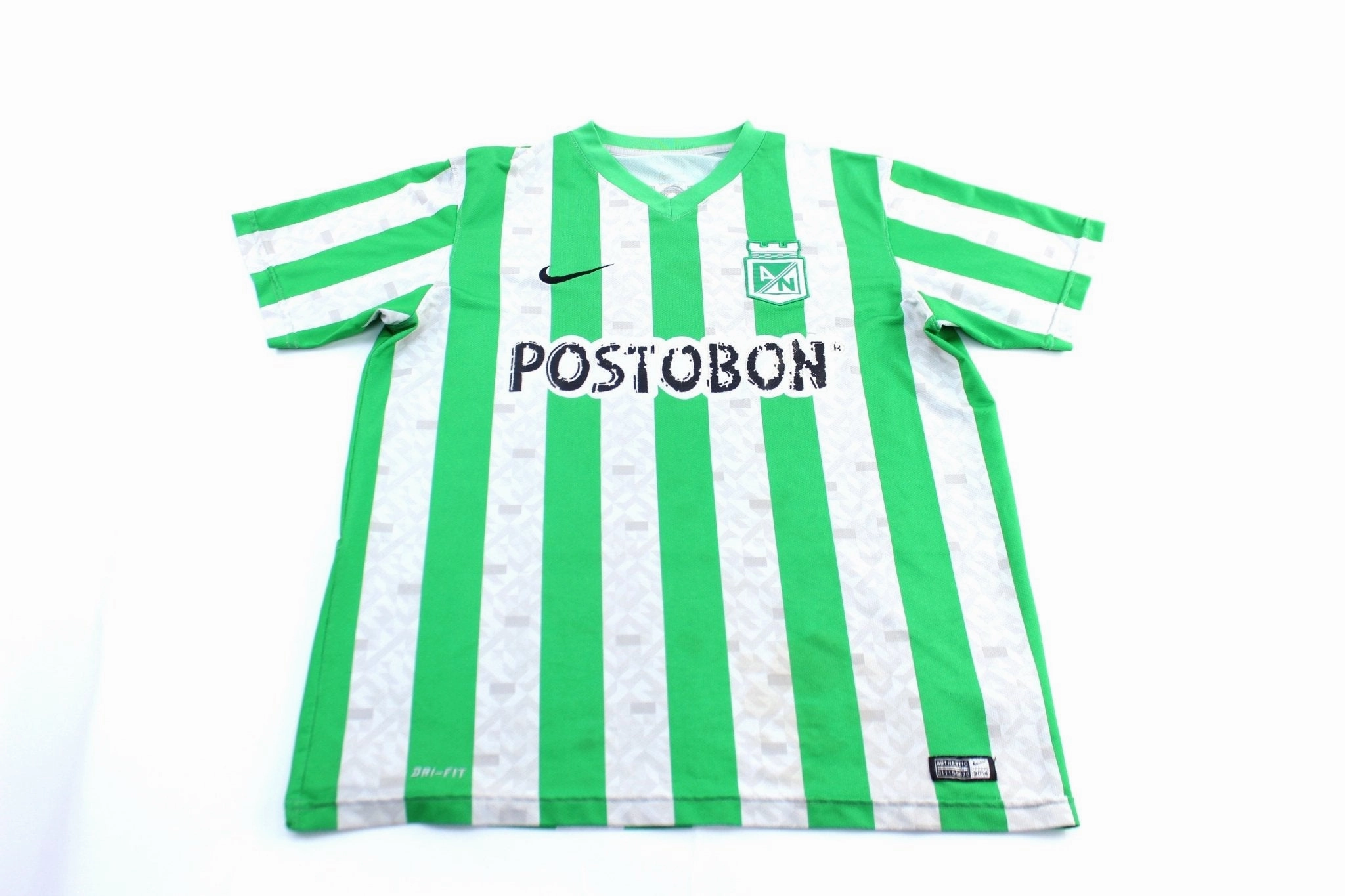 Anti Snag Surface Adaptive Fit System Nike Embroidered Logo Postobon Columbia Green &W White Striped Soccer Jersey