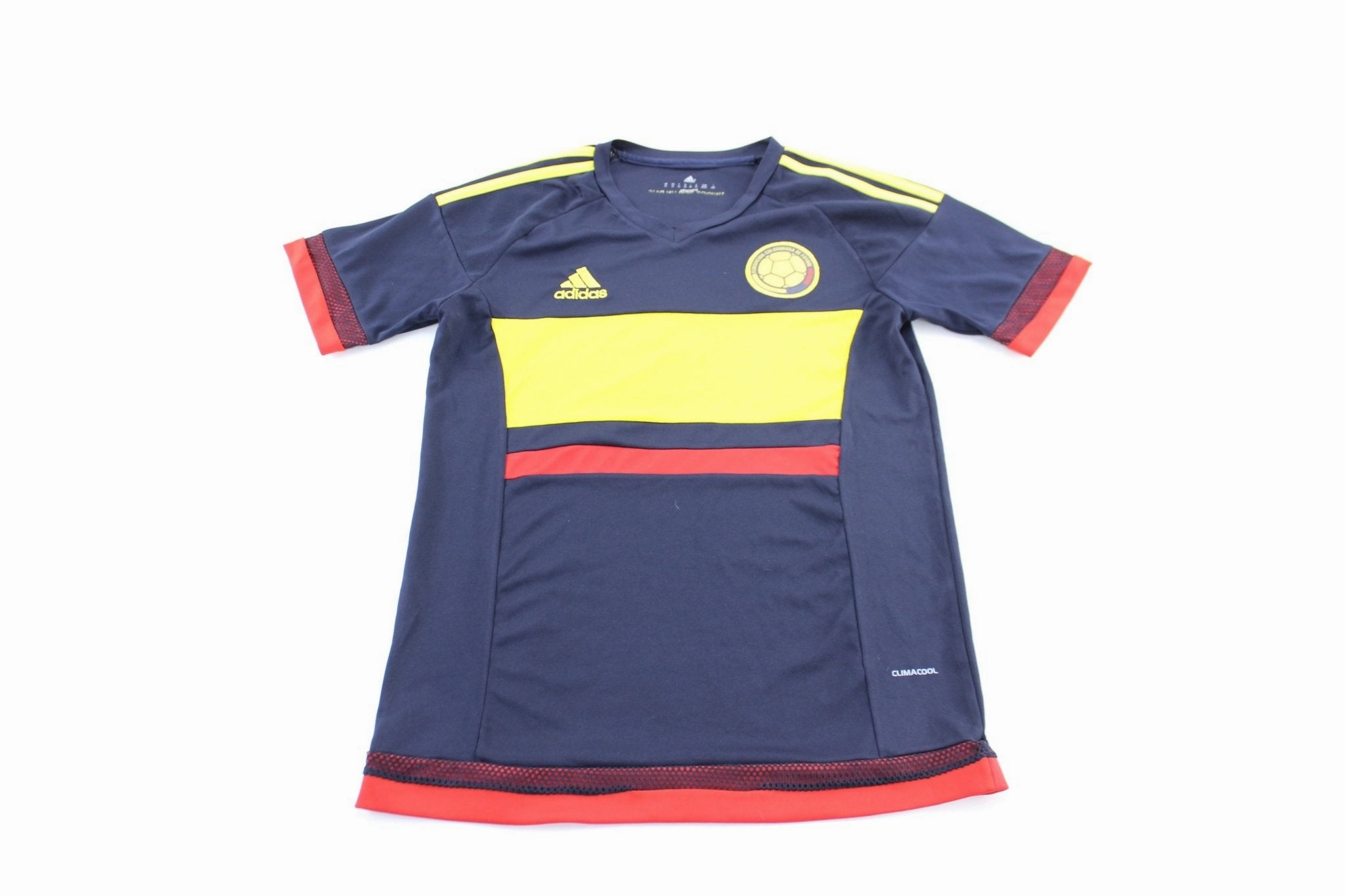 Adidas Embroidered Logo Columbia Striped Soccer Jersey Elasticized Cuffs Moisture Wicking Design
