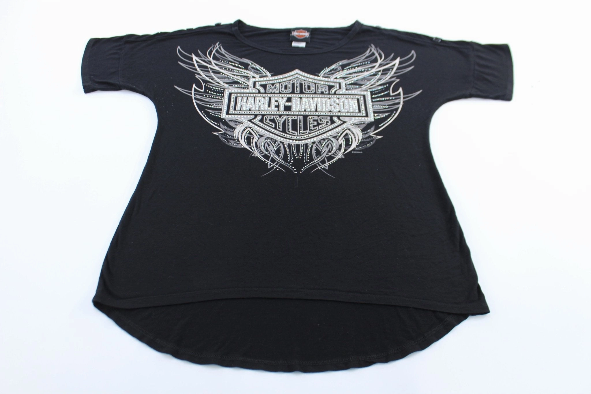 Fashion-Forward Look Women's Harley Davidson Motorcycles Bedazzled Shirt