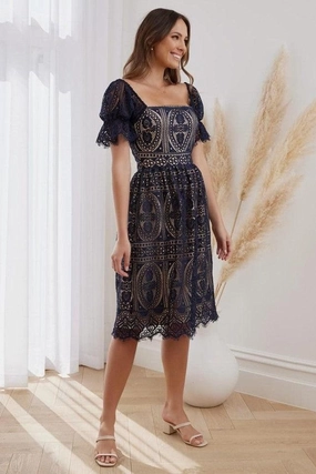 Remie Dress - Navy/Beige (Final Sale) Cool Draping Embroidered-Sleeve