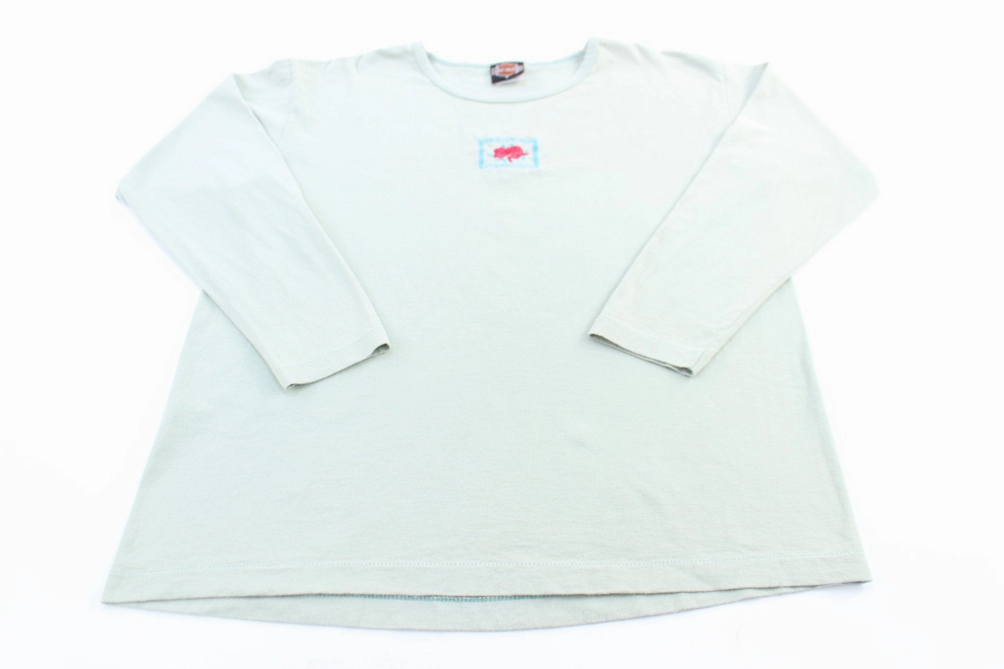 Women's 90's Harley Davidson Motorcycles Embroidered Green LS T-Shirt Effortless Daywear