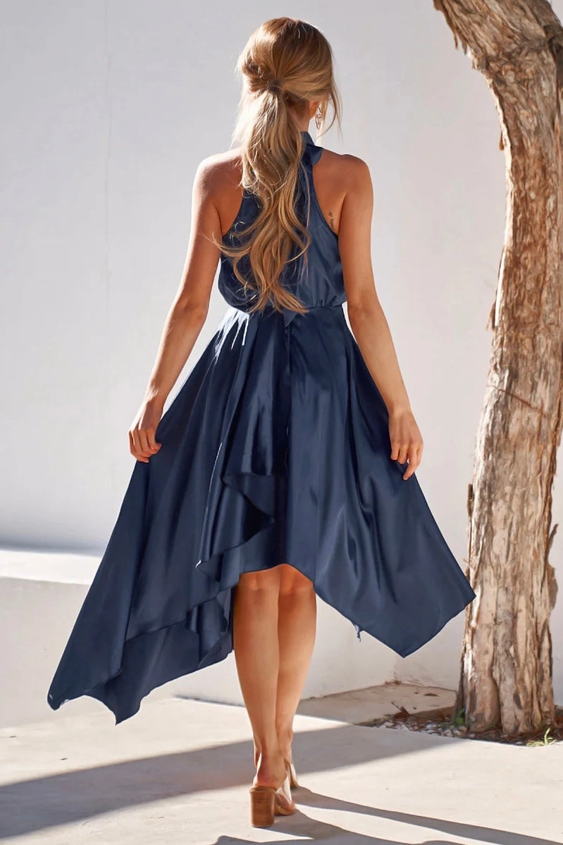 Kathleen Dress - Navy Pastel Sky flattering appearance