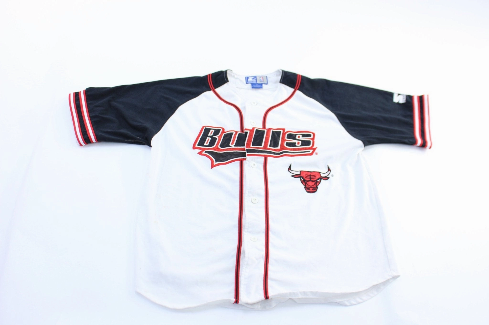 90's Chicago Bulls Embroidered Starter Baseball Jersey Reinforced Hemline