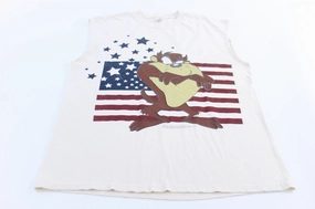 Circular Knit Body Mapping Ultra Flex Ribbed Trim 1997 Looney Tunes Tasmanian Devil USA Flag Tank Top