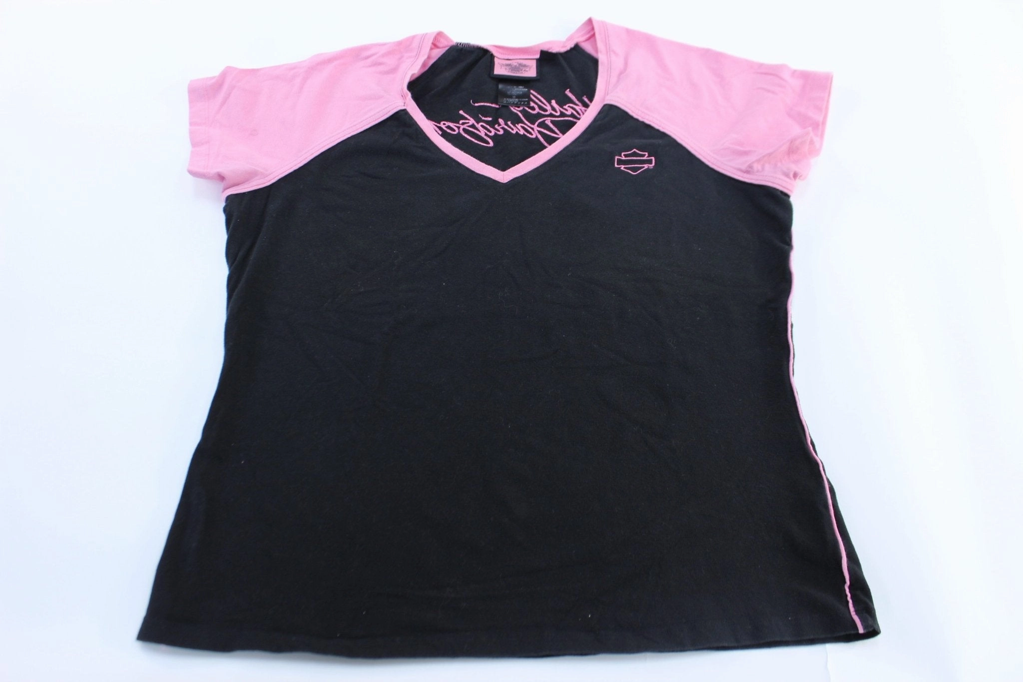 Women's Harley Davidson Motorcycles Pink & Black Embroidered T-Shirt Cozy And Warm Seasonal Casual