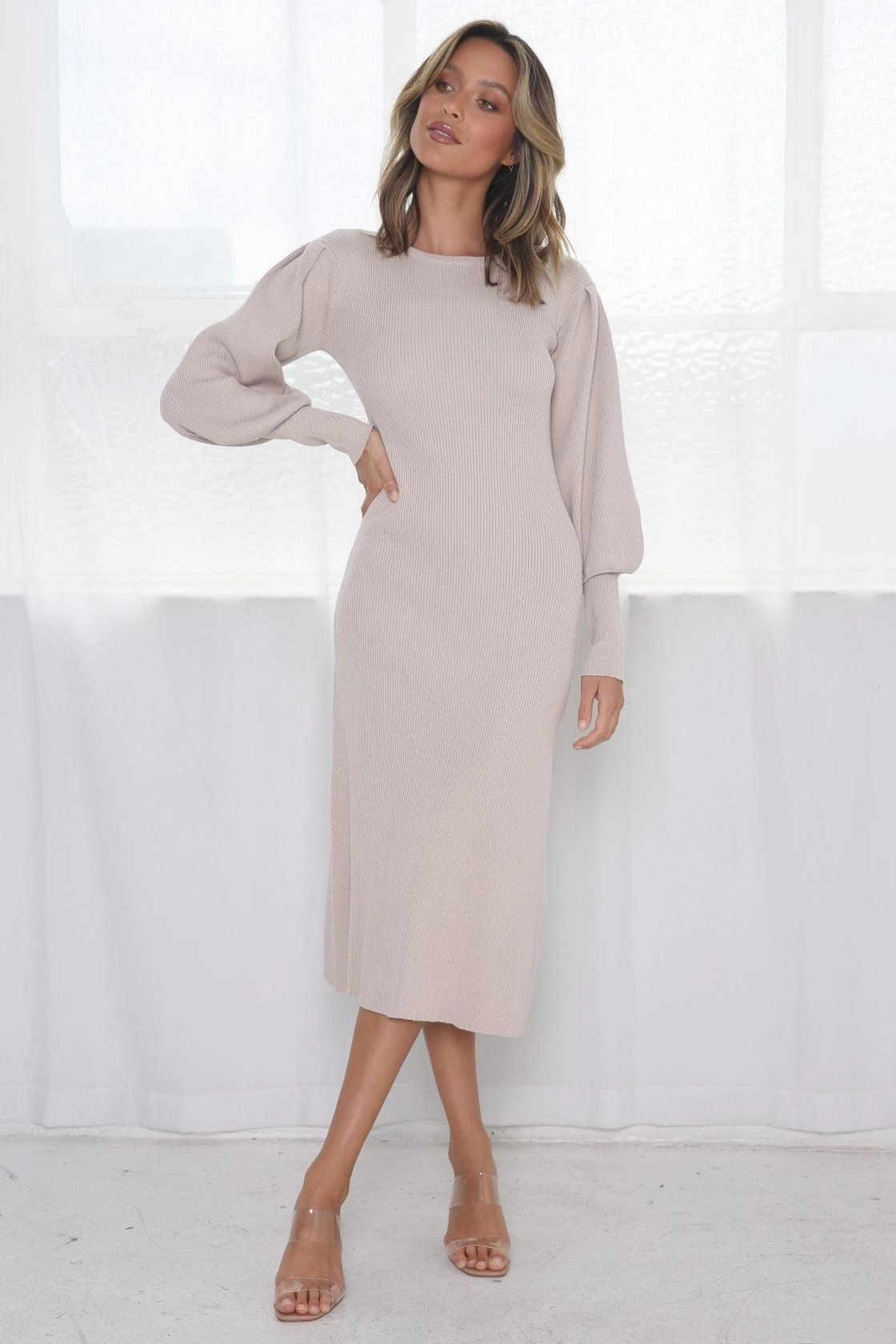 Lori Bell Sleeve Dress - Beige All-Day Comfort Wear