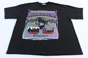 2002 Rock Never Stops Tesla, Skidrow, Vince Neil & Jackyl T-shirt Easy Care Fabric