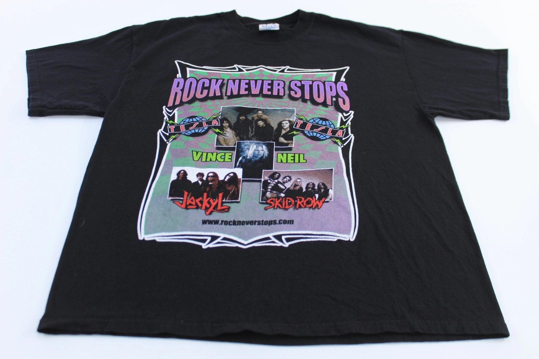 2002 Rock Never Stops Tesla, Skidrow, Vince Neil & Jackyl T-shirt Easy Care Fabric