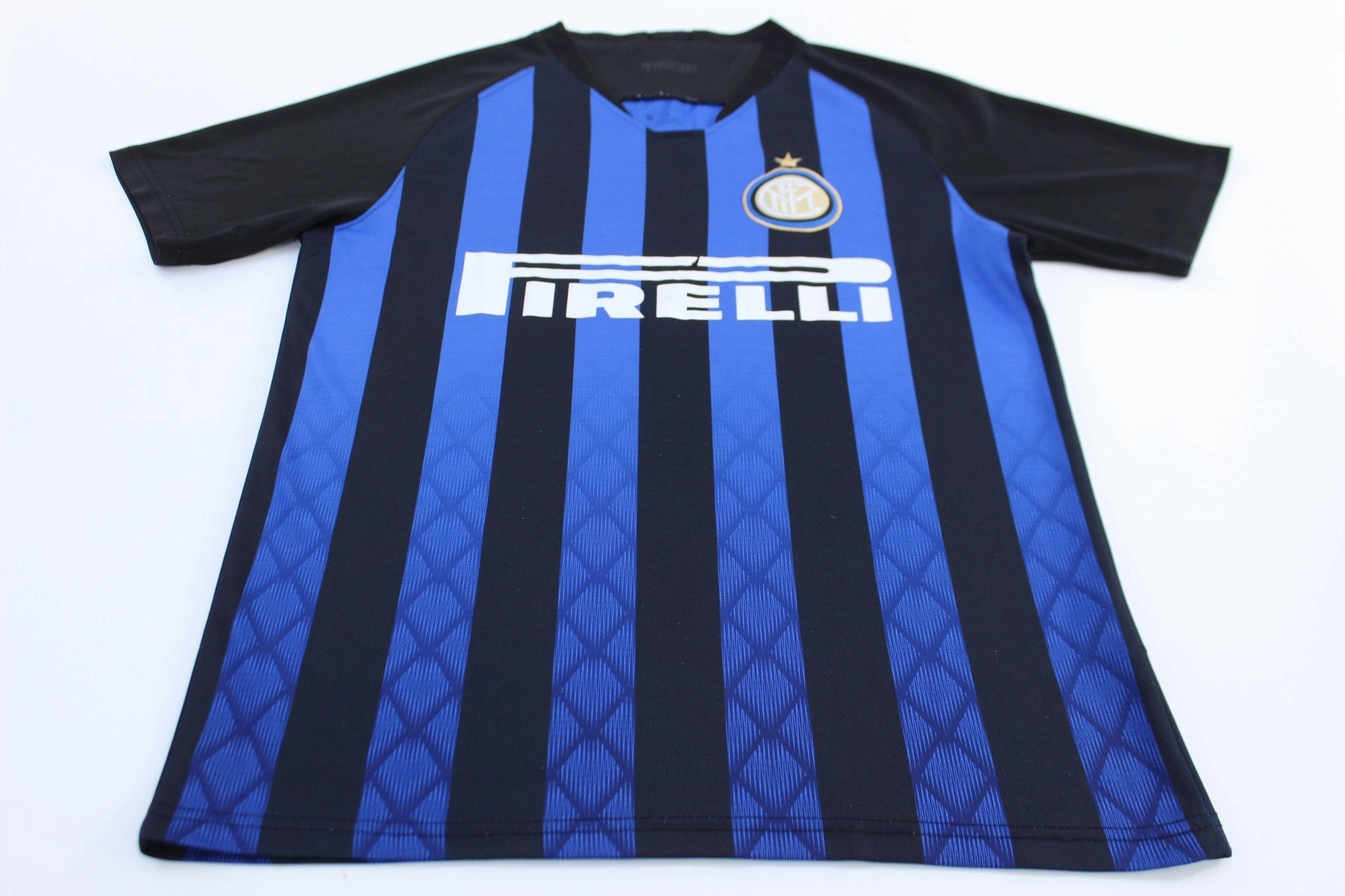 Raglan Sleeve Cut Inter Milan Embroidered Logo Striped Soccer Jersey