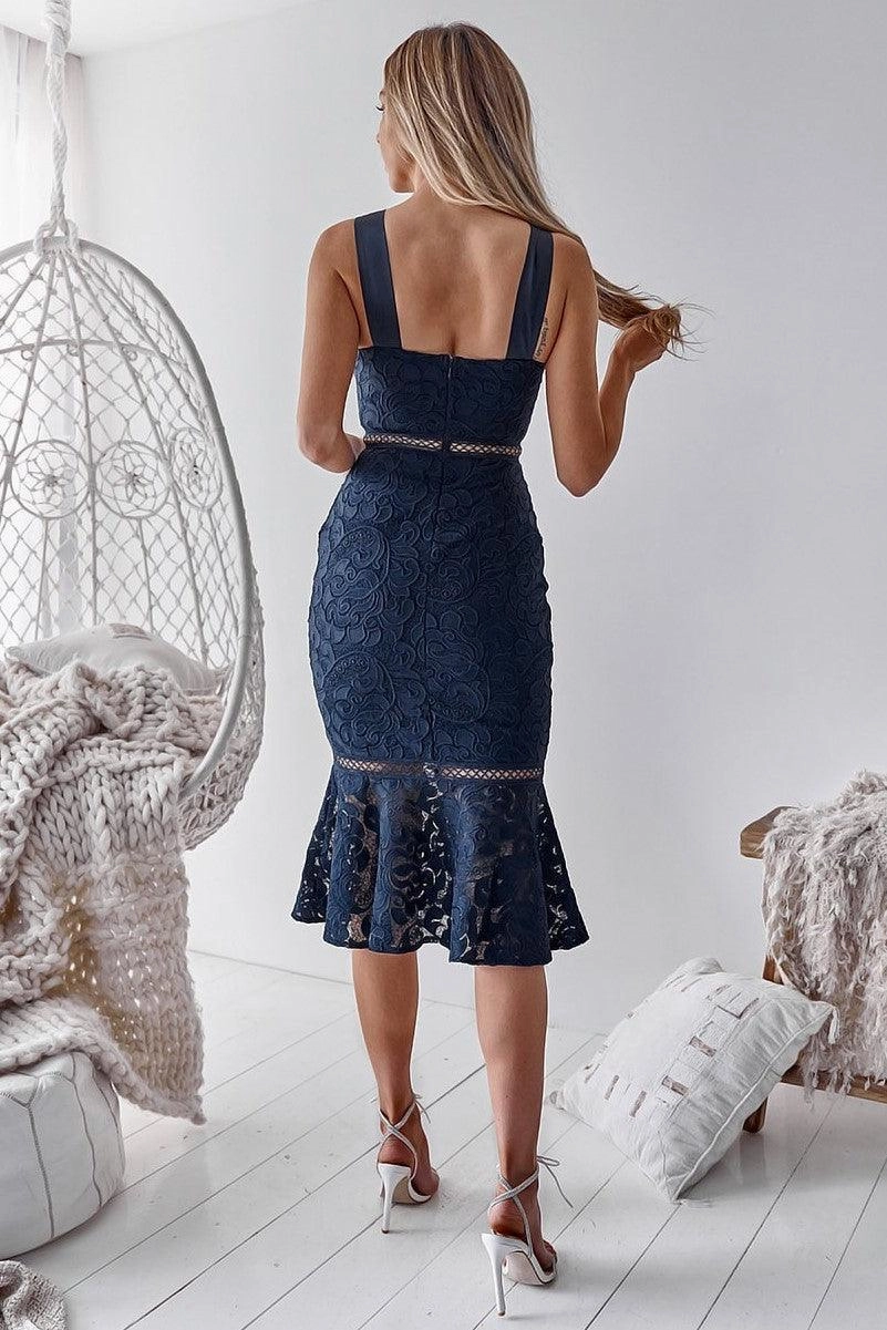 Tia Dress - Navy Mini-Length Scalloped-Edge