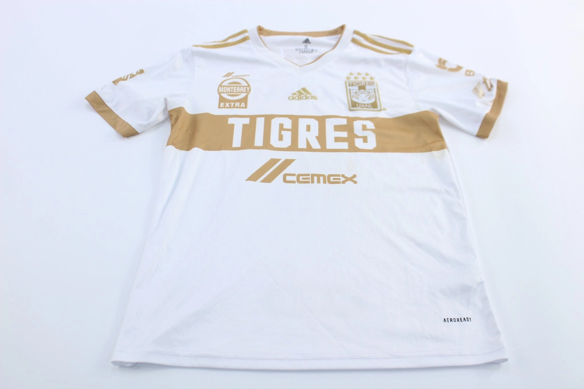 Non Slip Hem Athletic Look Adidas Embroidered Logo Tigres UANL Gold & White Striped Soccer Jersey